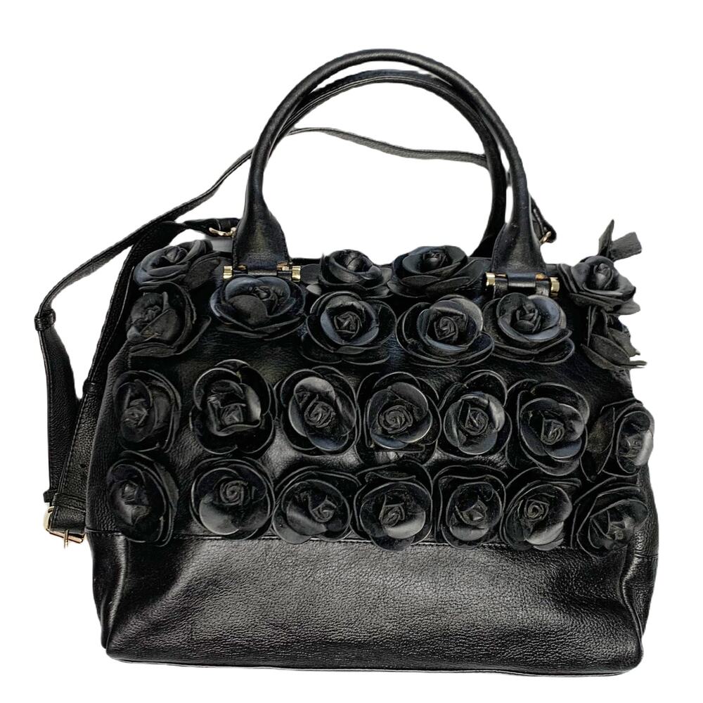 Clever Carriage Company Rose Leather Crossbody Handbag Blk Flower Gold Hardware